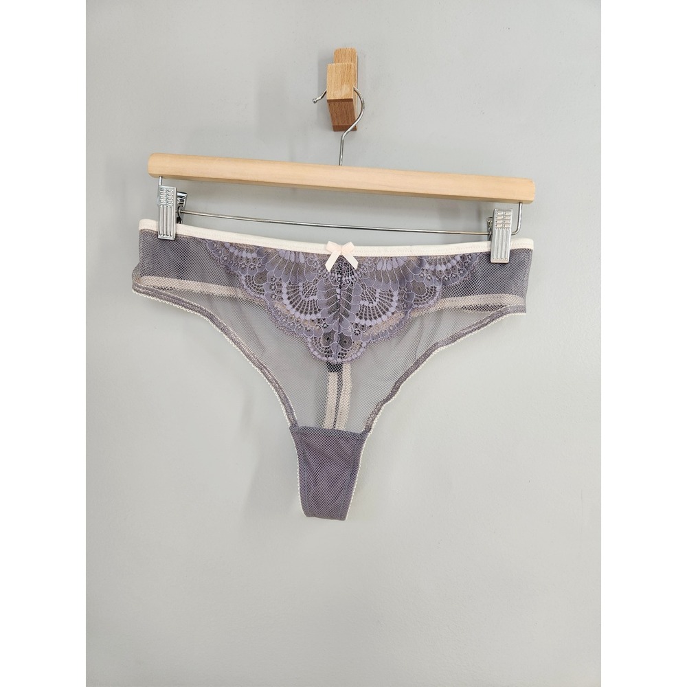 Adore Me Thong Women 3X Silver Grey NWT Lace Mesh Filigree Bow Lingerie Panty